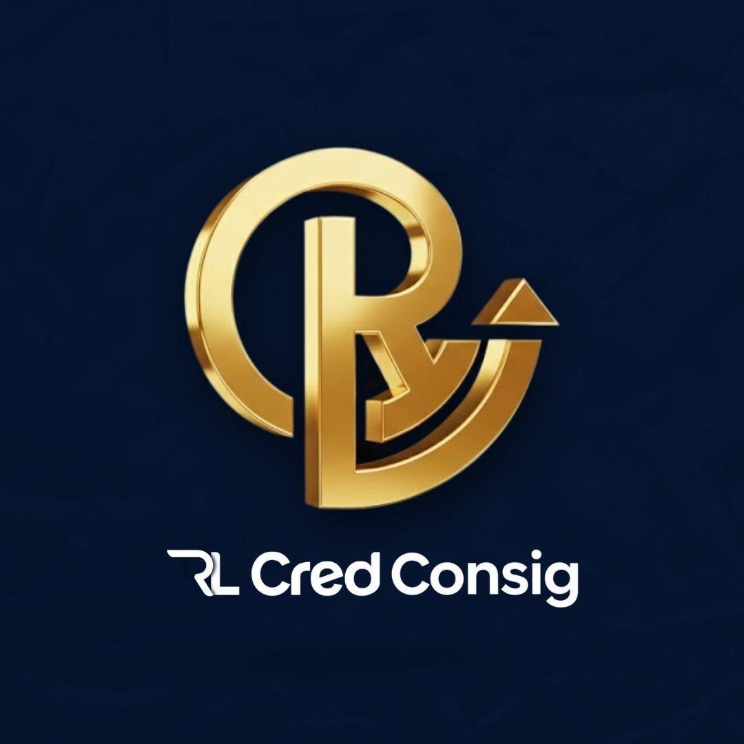 Símbolo dourado da RL Cred Consig sobre azul-marinho